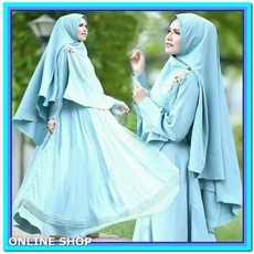 Gamis Biru Kombinasi Abu Niqab Tanggung