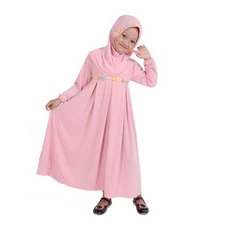 Gamis Anak Baju Muslim Anak Perempuan Polos Jersey Renda Murah Cantik Lucu - Peach