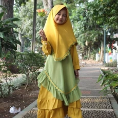 TK0904 Baju Gamis Anak Kombinasi Kuning Hijau Renda Terbaru Tanggung