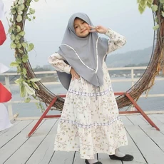 TK0906 Gamis Muslim Anak Kombinasi Printing Putih Gading Lucu Rabbani