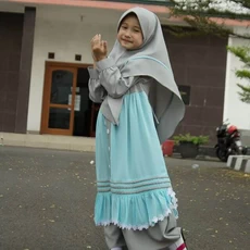 TK0966 Gamis Anak Perempuan Kombinasi Lis Garis Abu Biru Polos Shahia Hijab