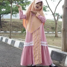 TK0986 Baju Muslim Anak Kombinasi Salem Dusty Set Modern Shahia Hijab
