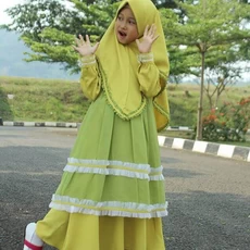 TK0997 Baju Muslim Anak Kombinasi Hijau Kuda Kuning Set Modern Naura