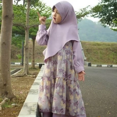 TK1008 Baju Gamis Anak Kombinasi Lacender Abu Print Murah 1 thn