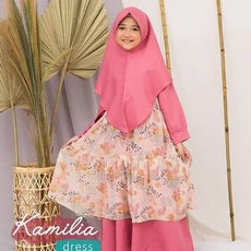 TK1012 Gamis Anak Perempuan Kombinasi Printing Kamila Pink Polos Shahia Hijab