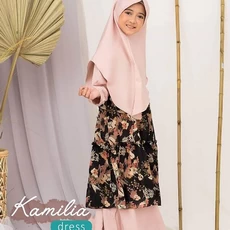 TK1014 Gamis Anak Kombinasi Printing Kamila Peach Hitam Terbaru 2023 Shahia Hijab