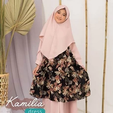 TK1022 Baju Gamis Anak Kombinasi Printing Kamila Bunga Hitam Murah Rabbani