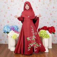 TK1076 Baju Muslim Anak Perempuan Kombinasi Marun Bunga Terbaru 2023 Cutetrik