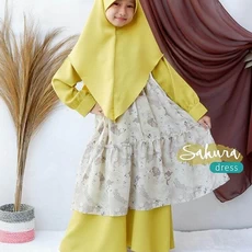 TK1090 Baju Gamis Anak Kombinasi Set Kuning Abu Print Lucu 2 thn