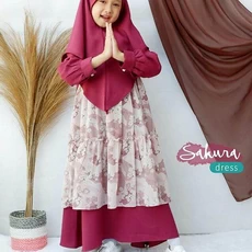 TK1095 Baju Muslim Anak Kombinasi Marun Print Abu Terbaru 2023 Shahia Hijab