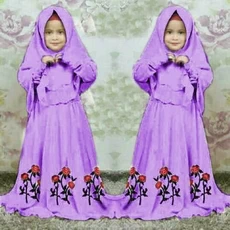 TK1115 Baju Gamis Anak Perempuan Kombinasi Set Lavender Bunga Bawah Polos Rabbani