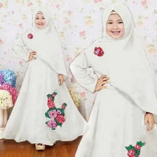TK1122 Baju Gamis Anak Perempuan Kombinasi Putih Bordir Bunga Mawar Terbaru 2022 Tanggung