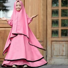 TK1130 Baju Anak Gamis Kombinasi Pink Lis Hitam Modern Shahia Hijab