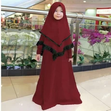 TK1131 Gamis Anak Kombinasi Marun Lis Hitam Modern Shahia Hijab